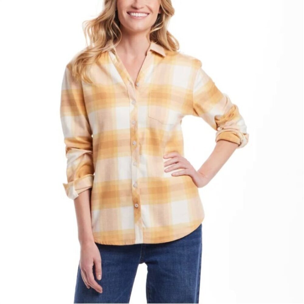 Weatherproof Vintage Womens L Flannel Plaid Button-Up Shirt a1620